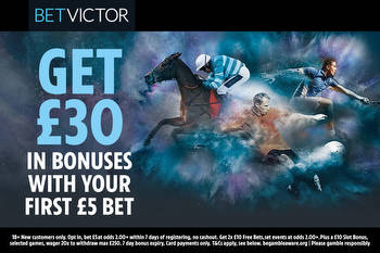 Get £20 in free bets plus extra £10 casino bonus when you stake £5 on football or horse racing with BetVictor
