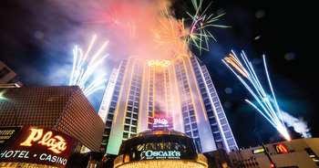 Plaza hotel-casino celebrating 50 years in downtown Las Vegas with fireworks in July