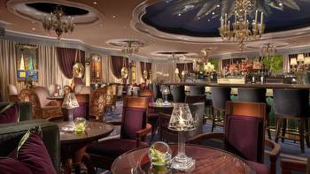 The posh Overlook Lounge rises from the casino floor at Wynn on the Las Vegas Strip