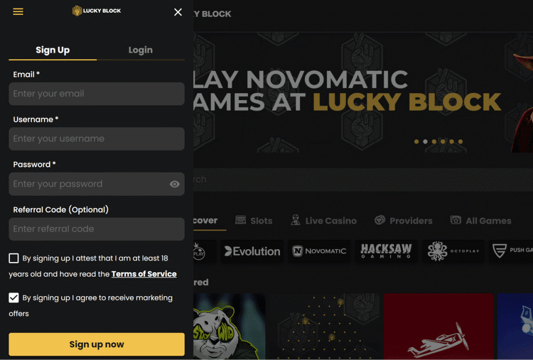Sign up for Lucky Block with no KYC