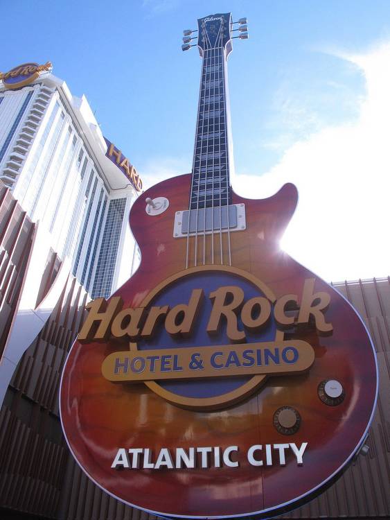 This Jan. 16, 2020 photo shows the giant guitar at the entrance to the Hard Rock casino in Atlantic City N.J. On May 3, 2021, Hard Rock officials told The Associated Press they will spend $20 million on renovations, the latest in a line of Atlantic City casinos to reinvest during the coronavirus pandemic. (AP Photo/Wayne Parry)