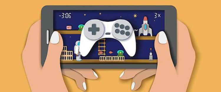Mobile games, vector flat style design illustration. Hands holding smartphone with space video game user interface design and game controller. Mobile gaming app concept.